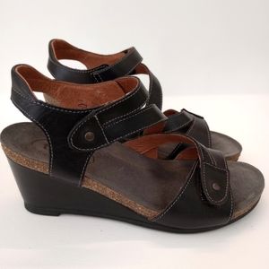 Taos Black Leather "Wizard Wedge" Sandals with Wedge Cork Heel